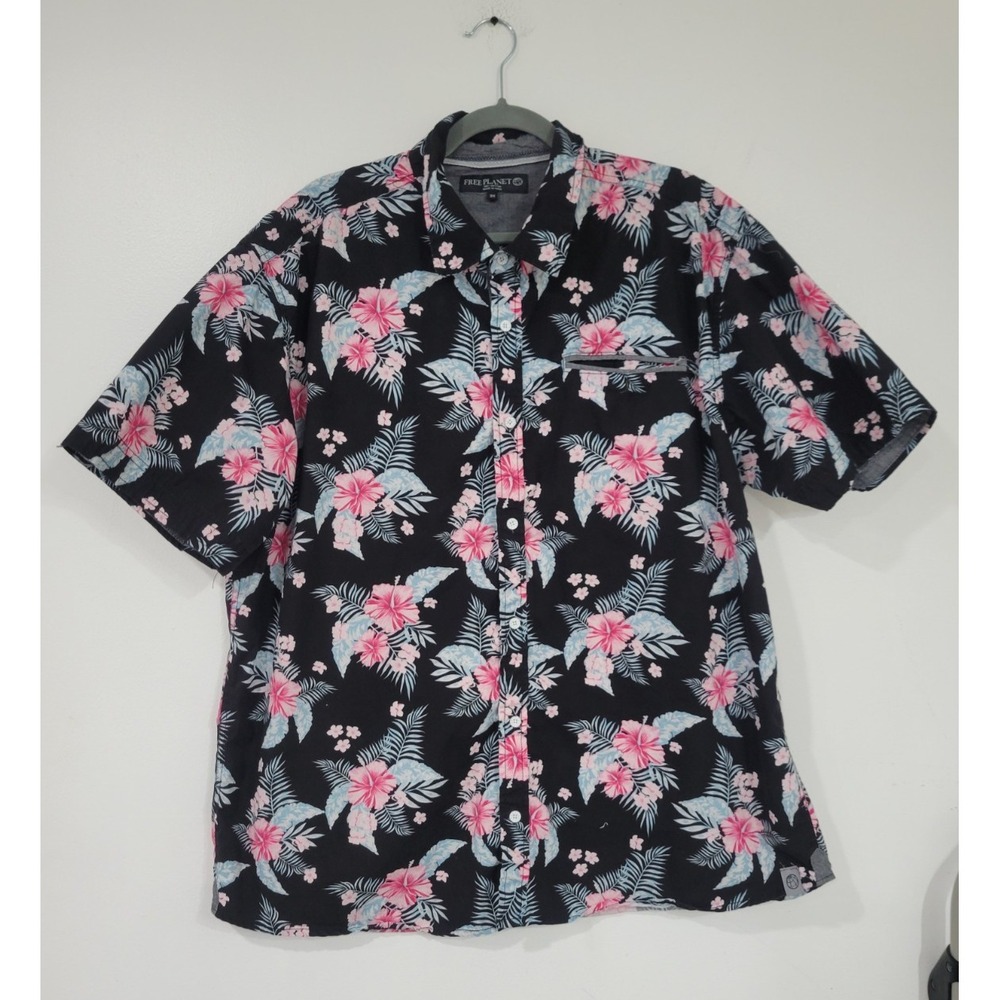 Free Planet Floral Hawaiian Shirt Men's Button Down Short Sleeve Black 3X